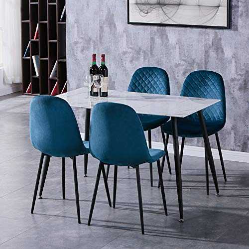 GOLDFAN White Marble Dining Table and Chairs Set 4 Rectangle Kitchen Table Metal Legs and Velvet Soft Dining Chairs, 120cm, Blue