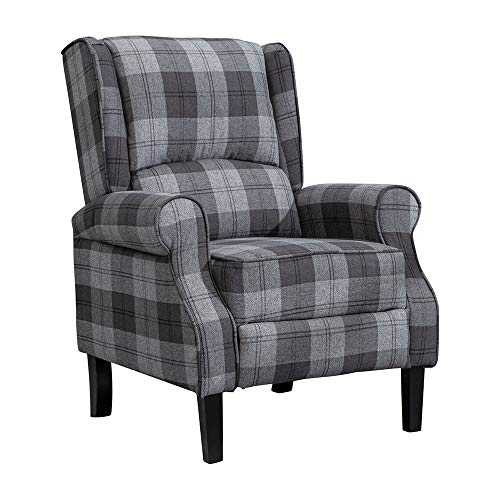 HUISEN furniture Comfy Recliner Armchair Chair Living Room Reclining Chair Checkered Fabric Upholstered Leisure Chairs High Back with Arms Bedroom Home Lounge Cinema Gaming (Grey Tartan)