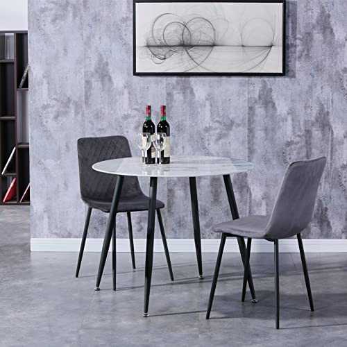 GOLDFAN Marble Dining Table and 2 Chairs White Glass Kitchen Table and Velvet Chairs Small Space Dining Room Table Sets Gray/90CM