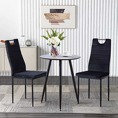 GOLDFAN Small Round Dining Table and Chairs for Small Spaces Marble-like Kitchen Table and 2 Velvet Chairs Dining Table Set for Home Lounge Cafe Office, Grey & Black