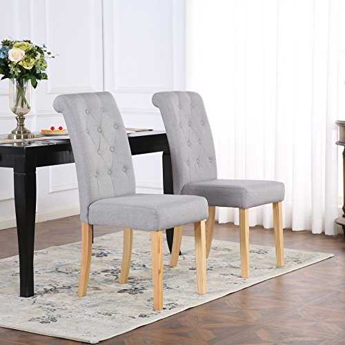 Set of 4 Premium Linen Fabric Dining Chairs Scroll High Back Light Grey