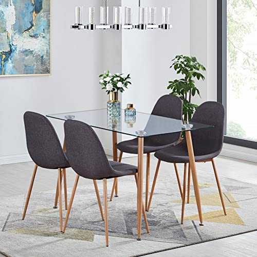 GOLDFAN Glass Dining Table and 4 Chairs Metal Style Rectangular Glass Kitchen Table and Fabric Seat Chairs Dining Table Set,120cm/Grey
