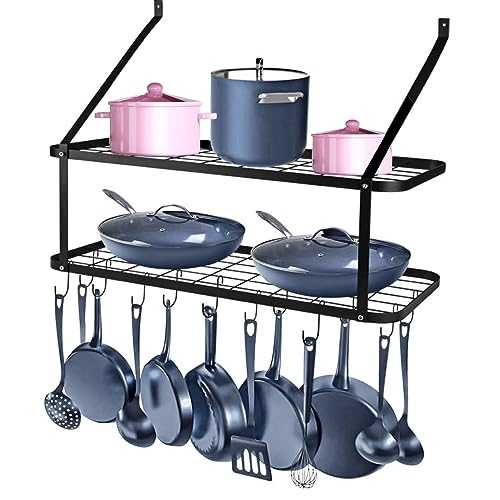 ybaymy Pan Hanger Rack Wall Mounted Pot Pan Rack for Kitchen Hanging, 2 Tier Kitchen Wall Shelf with 10 Hooks for Storage and Organization Matte Black