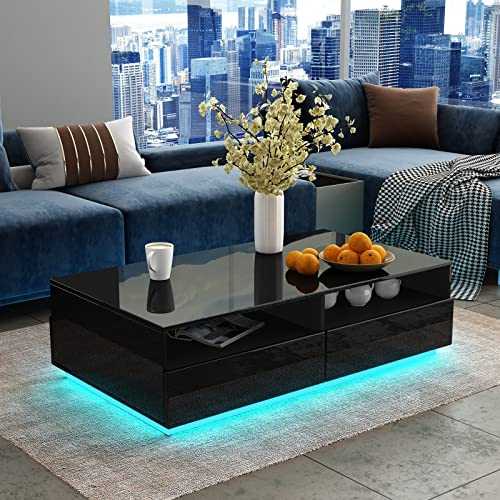 Coffee Table for Living Room,LED Side Table Modern Wooden Centre Table,Black Gloss Coffee Tables with 4 Drawer Storage for Home