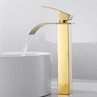 Waterfall Basin Mixer Tap Chrome Square Mono Brass Counter Top Faucet Single Handle Hole Bath Sink Taps for Bathroom Kitchen Home Washroom Taps (Gold-Plating)