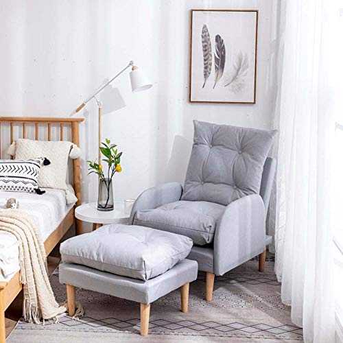 Modern Recliner with Footstool Armchair Occasional Reading Chair Sofa Solid Wooden Legs Linen Fabric Wing Back Seat Couches for Living Dining Room Bedroom-Grey