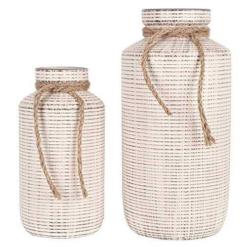 TERESA'S COLLECTIONS Vintage Ceramic Large Vase for Flowers Set of 2, Rustic Decorative Pottery Beige Vases for Pampas Grass, Farmhouse Vase for Living Room, Bedroom and Mantel, 19.5cm & 26cm Tall