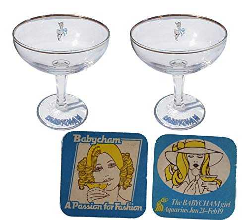 Two 1950s Babycham Original Cocktail Glasses with Two Babycham Coasters