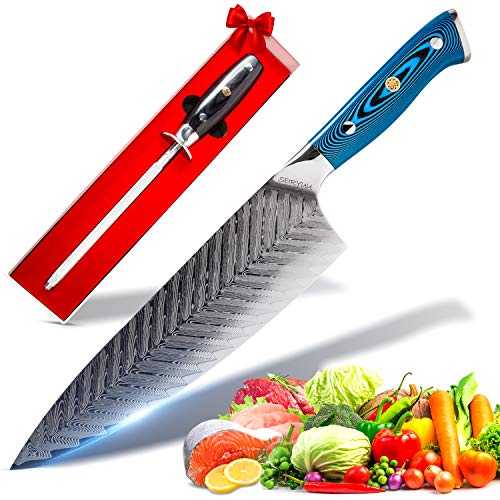 SEIRYUU 20cm/8-Inch Gyuto Chef's Knife - Japanese Pro Chef Series - 73-Layer Stainless Steel VG10 Damascus Blade, Ladder Pattern - Double Steel Head Bellewood Handle, Sharpening Rod - Kitchen Tools