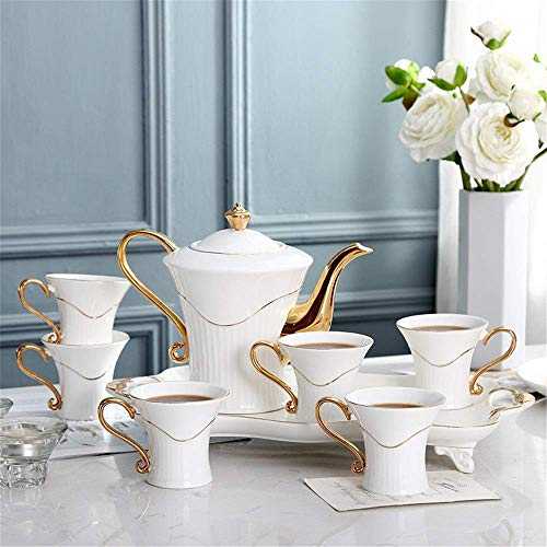 XINGYU Tea Sets Afternoon Tea Drinkware Coffee Set 8 Pieces Gold Trim European Style For Party And Dinner Glazed Porcelain Coffee And Tea Service With 6 Piece Cups And Coffee Tray