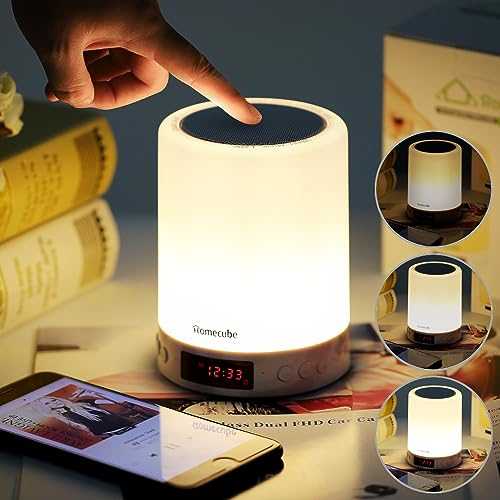Homecube Touch Bedside Lamp, Bluetooth Speaker with Light, Music, Clock, Alarm and Radio All-in-one, Best Birthday Christmas Valentine Gifts for Men,Women,Boys,Girls,Teenage,Kids (Minimalist)