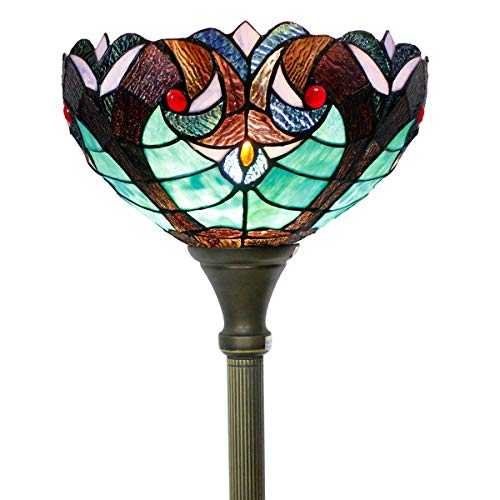 Tiffany Floor Lamp Torchiere Uplight 66" Tall Industrial Bronze Pole Vintage Boho Stained Glass Green Liaison Retro Standing Corner Bright Torch Light Living Room Kids Bedroom Office WERFACTORY