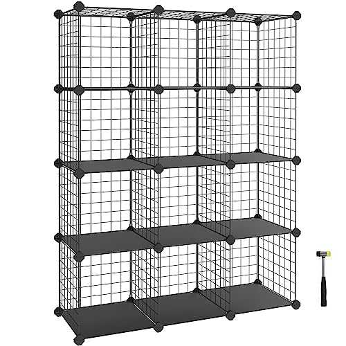 SONGMICS 12-Cube Wire Grid Storage Rack, Interlocking Shelving Unit with Metal Mesh Shelves and PP Plastic Sheets, for Books Shoes Clothes Tools, in Living Room Bathroom, Black LPI34H