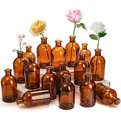 YOUEON 16 Pack Amber Glass Bud Vase, 8 Oz Living Bud Vases, Small Vases for Flowers, Decorative Amber Bottles for Table Centerpiece, Home Decor, Office, Wedding Reception, Vintage Style Brown