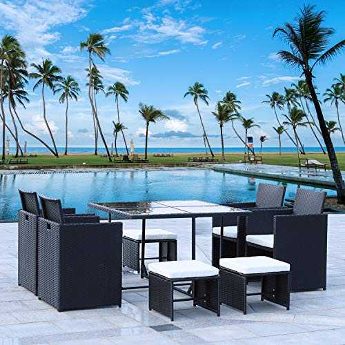 bigzzia 9PCS Rattan Chair Garden Furniture Set Outdoor Furniture With A Coffee Table 4 Comfortable Single Chairs (Black 2)