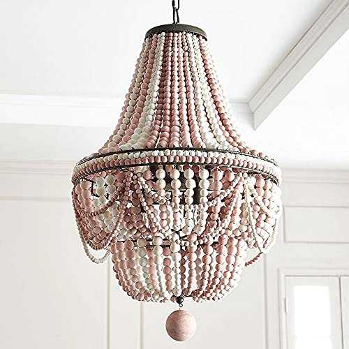 Retro Boho Lamp with Wooden Beads, Beaded Chandelier Rustic Farmhouse Lights, 6 E14 Lamp Holders, Indoor Beaded Pendant Living Room Light Fixture (3 Colors are Available) (Color : Pink+White)