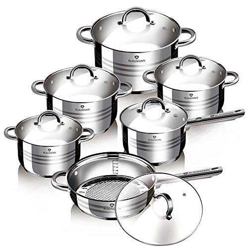 Gourmet 12/10 Pcs Silver Stainless Steel Non Stick Cookware Set Pots Pans Kitchen Induction Set (12 pcs)