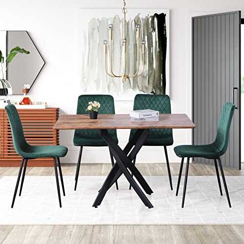 GOLDFAN 5-Pcs Dining Table and Chairs Set Industrial Wooden Kitchen Table with Velvet Chairs 4-6 People Dining Room Set,120cm/Brown and Green