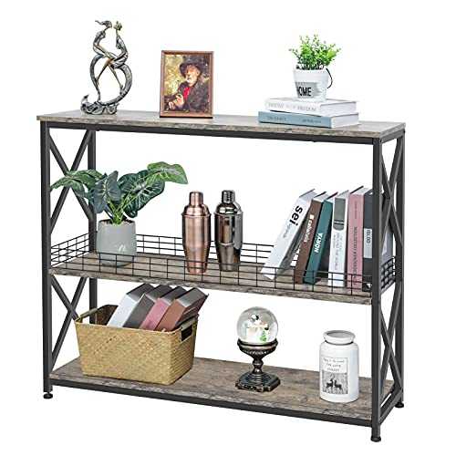 3 Tier Console Sofa Entryway Table with Wire Storage Basket by X-cosrack,Industrial Narrow ConsoleTable for Living Room, Hallway, Foyer, Corridor, Office