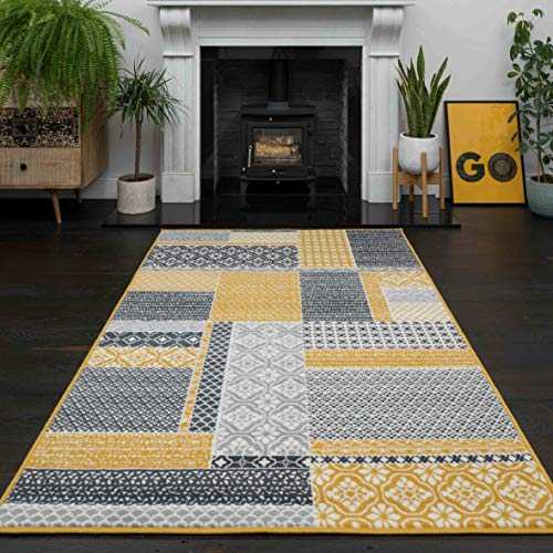 Milan Ochre Mustard Yellow Grey Patchwork Squares Traditional Lounge Living Room Rug 120cm x 170cm