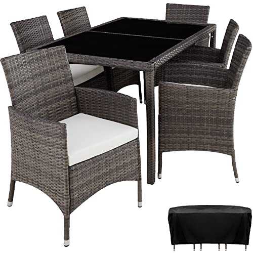 TecTake 403397 Poly Rattan Garden Furniture, Set Dining Room 6+1, Protection Slipcover, Stainless Steel Screws, Grey