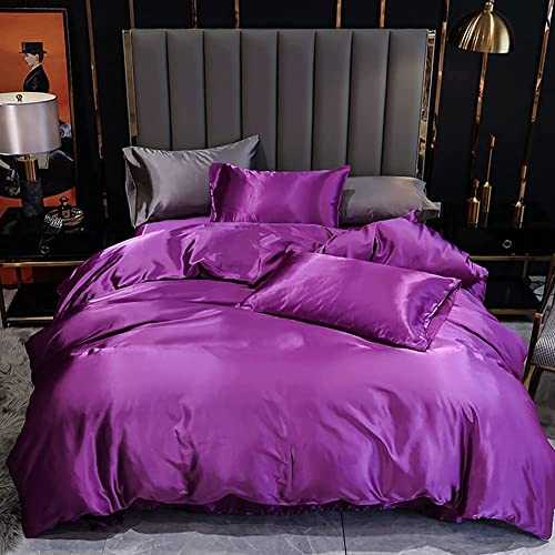 FDSGEWW 3 Pieces Luxury Satin Duvet Cover Set Queen Size Silk Like Bedding Set with Zipper Closure 1 Duvet Cover + 2 Pillowcases (Dark Purple, Queen) (Purple Queen)