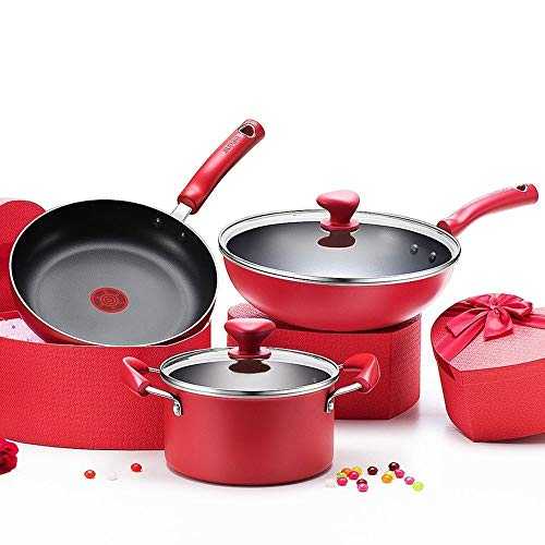 HIZLJJ 3-Piece Red Simple Cooking Nonstick Stay-Cool Handles Riveted Heat- And Shatter-Resistant Tempered Glass Lids Dishwasher-Safe Cookware Set