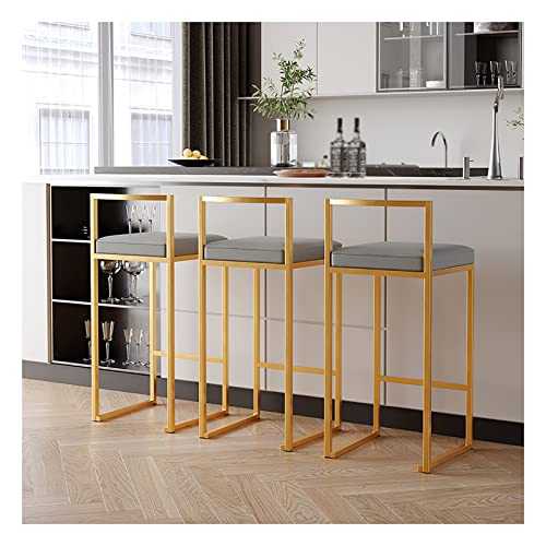 Chairs Bar Stools,Bar Stools Set of 3, Kitchen High Stools Gold Metal Legs, Grey PU Leather Padded Bar Chairs with Footrest for Breakfast Bar, Counter, Kitchen and Home