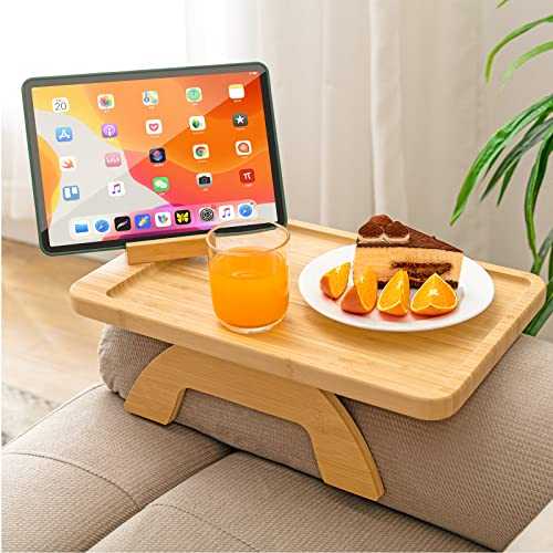Bamboo Sofa Tray Table Clip on Side Table for Wide Couches Arm, Foldable Couch Tray with 360° Rotating Phone Holder, Armrest Table for Eating/Drinks/Snacks/Remote/Control (Rectangle)