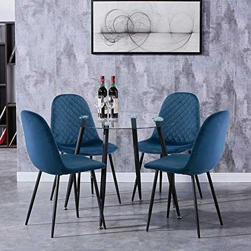 GOLDFAN Glass Dining Table and 4 Chairs Modern Round Kitchen Table and Velvet Chairs Dining Table Set,90cm/Blue