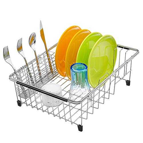 iPEGTOP Dish Sink Drainer, Dish Drying Rack Over Sink, Extendable Dish Drainer with Removable Cutlery Holder, Dish Rack in Sink or On Counter, Plate Rack Drainer for Kitchen