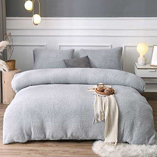 EDS Teddy Fleece Luxury Duvet Cover Sets Thermal Warm & Super Soft Cozy Fluffy with Matching Pillow Case (King, Silver)