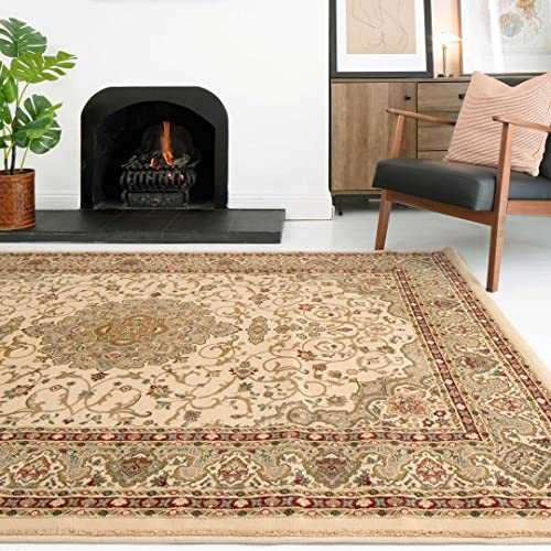 Classic Oriental Traditional Cream Living Room Area Rug Gold Red Persian Style Floral Medallion Mat Carpet Bedroom Hallway Bordered Rugs 80cm x 150cm