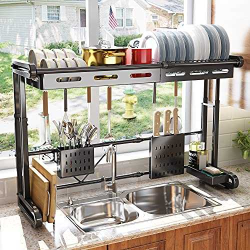 Over The Sink Dish Drying Rack, SAYZH Width and Height Adjustable （ Fit Small and Large Sink Size From 22 inches to 36 inches ） Dish Racks Kitchen Countertop Supplies Storage, Black