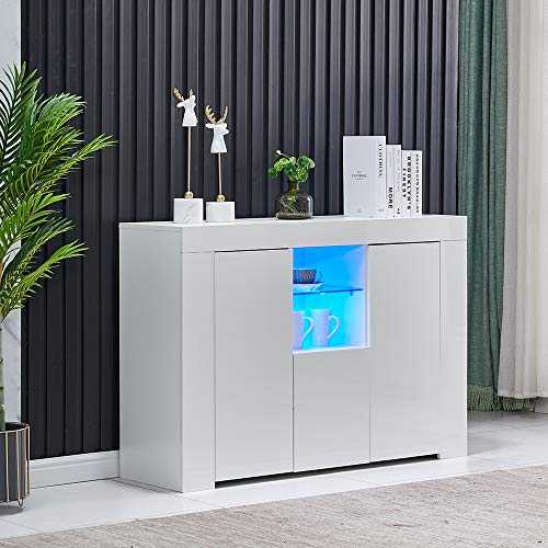 White Sideboard Storage Cabinet, High Gloss Kitchen Cupboard with LED Lights, Floor Standing Display Cupboard Buffet Table for Living Room Hallway Dining Room Bedroom