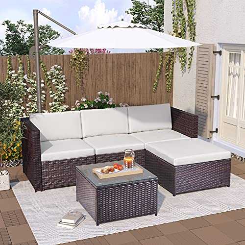 MOWIN Outdoor Garden Rattan Furniture Set Garden Sectional Sofa Garden Corner Sofa Couch, Patio Conversation Set with Coffee Table and Cushions, All-Weather Rattan Chair for Yard,Pool or Backyard