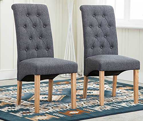 MCC Set of 2 Linen Fabric Dining Chairs Roll Top Scroll High Back For Home & Commercial Restaurants [Brown* Grey* Red* Blue*] (D)(Grey)