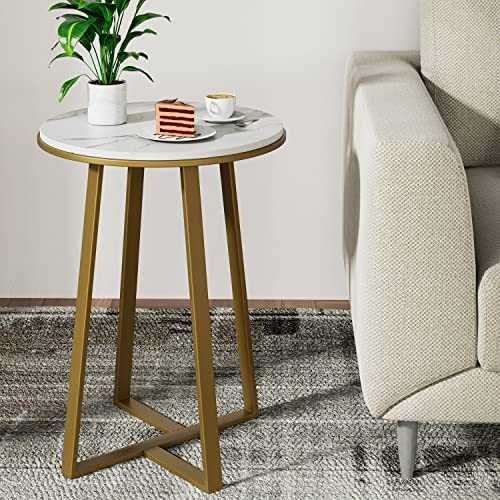 Round Sofa Side End Table with Golden Metal Frame,Bed Table Marble Pattern Finished Wooden Small Couch Side Table, Coffee Table Suitable for Living Room,Bed Room, Patio (White with Marble Pattern)