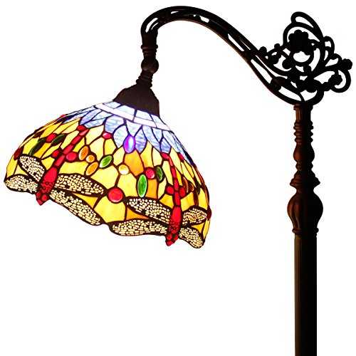 WERFACTORY Tiffany Floor Lamp Dragonfly 64" Tall Industrial Pole Vintage Boho Stained Glass Standing Corner Bright Reading Light Arched Rustic Adjustable Living Room Kids Bedroom Farmhouse Office