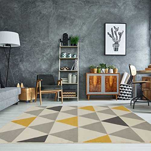 Milan Ochre Mustard Yellow Grey Beige Harlequin Triangles Traditional Living Room Rug 120cm x 170cm
