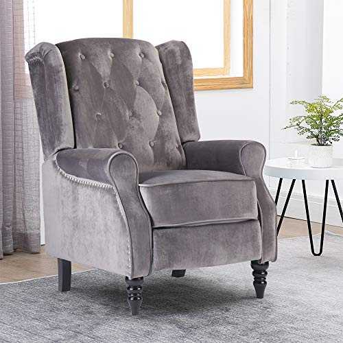 Homesailing EU Grey Velvet Recliner Wing Back Occasional Armchair Adjustable Pushback Reclining Chair Single Sofa with Footrest for Lounge Living Room Bedroom Cinema TV Upholstered Fireside