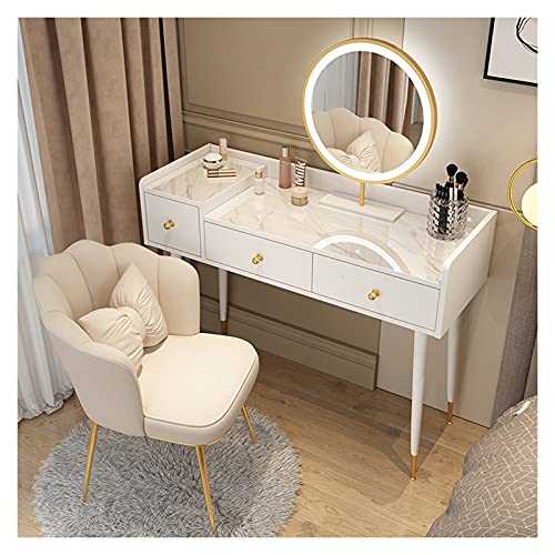 Dresser White Dressing Table Vanity with Round Mirror and 1 Large 1 Small Drawers Makeup Table Vanity Desk for Bedroom Makeup Jewellery Storage Dressing Table ()