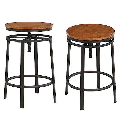 O&K FURNITURE 25-29 Inch Adjustable Backless Swivel Bar Stools Counter Height, Industrial Kitchen Backless Bar Stools, Wood and Metal Bar Stool Chairs Set of 2, Dark Brown