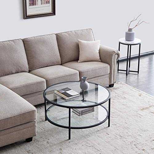 LYN Coffee Table Coffee Table Tempered Glass Coffee Table Modern Round Coffee Table 2 Levels with Large Storage Space with Metal Legs