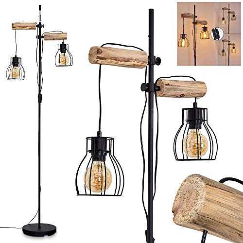 Floor lamp Gondo in Wood and Black Metal, 2 Adjustable Pendant Lamps, Retro-Industrial Style, with Switch on The Cable, for 1 x E27 Bulb max. 40 Watt, LED-Compatible