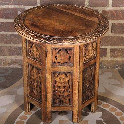 Casa Moro Soumaya NH09201 Oriental Side Table Diameter 46 cm Round Height 46 cm Made of Mango Solid Wood Brown Hand-Carved Handmade Coffee Table Vintage Sofa Table