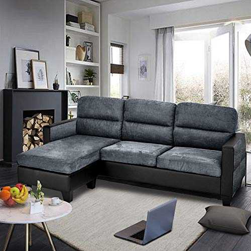 Modern 3 Seater Sofa Faux Leather and Fabric Corner Sofa L Shaped Morden Sofa Couch Settee Left & Right Hand Side Sofa with Footstool (Dark Gray + Dark Gray and Black Armrest)
