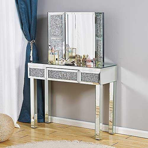Mirrored 1 Drawer Dressing Table Cushioned Stool Trifold Mirror Dresser Set UK(Table+Mirror)