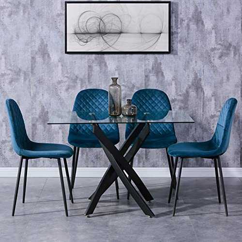 GOLDFAN Glass Dining Table and Chairs Set 4 Modern Rectangle Kitchen Table and Soft Fabric Chairs Dining Table Set,Blue Seat