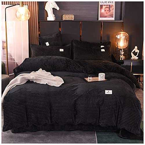 Ribbed Fleece Thermal Warm Cosy Super Soft Duvet Cover Quilt Bedding Set with Pillowcase - Luxury Thick Warm Fabric Design - Quilt Bedding Set with Bed Sheet Pillowcases,Black,150*200cm
